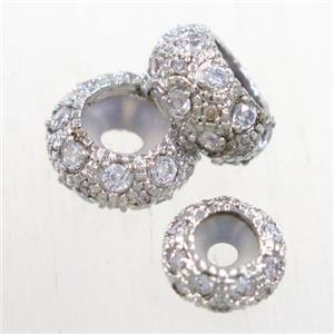copper rondelle beads paved zircon, platinum plated, approx 10mm dia