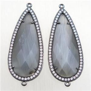 copper teardrop connector paved zircon with gray crystal glass, black plated, approx 18-40mm