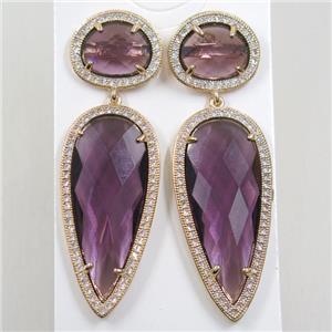 copper earring studs paved zircon with purple crystal glass, gold plated, approx 18-55mm