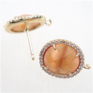 copper earring studs paved zircon with orange crystal glass, gold plated, approx 15-17mm