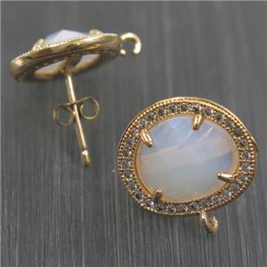 copper earring studs paved zircon with white opalite crystal glass, gold plated, approx 15-17mm