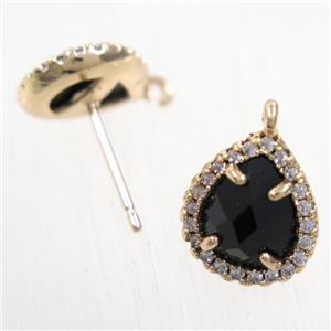 copper teardrop earring studs paved zircon with black crystal glass, gold plated, approx 10-12mm