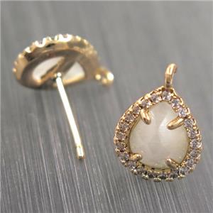 copper teardrop earring studs paved zircon with white crystal glass, gold plated, approx 10-12mm