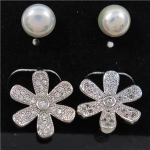 copper flower earring paved zircon with pearl, platinum plated, approx 7mm, 14mm dia