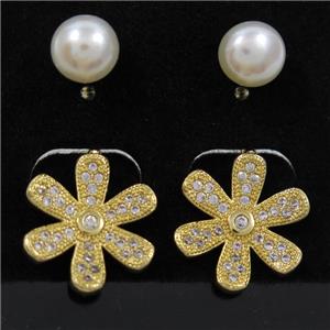 copper flower earring paved zircon with pearl, gold plated, approx 7mm, 14mm dia