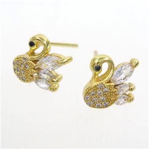 copper swan earring studs paved zircon, gold plated, approx 10mm