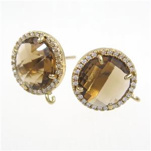 copper earring paved zircon with coffee glass crystal, approx 15mm dia