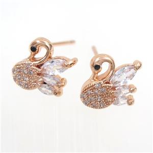 copper swan earring studs paved zircon, rose gold, approx 10mm
