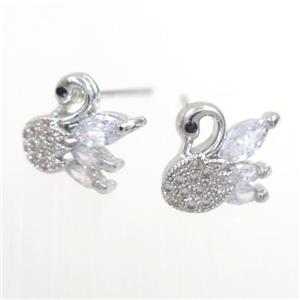 copper swan earring studs paved zircon, platinum plated, approx 10mm
