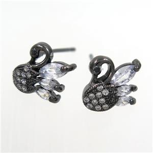 copper swan earring studs paved zircon, black plated, approx 10mm