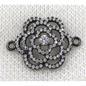 copper flower connector paved zircon, black plated, approx 18-25mm
