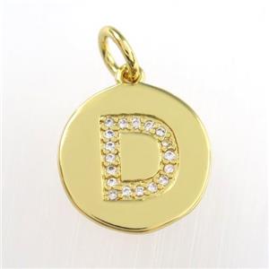 copper pendant paved zircon, letter D, gold plated, approx 15mm dia