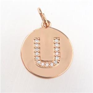 copper pendant paved zircon, letter U, rose gold, approx 15mm dia