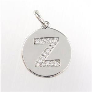 copper pendant paved zircon, letter Z, platinum plated, approx 15mm dia