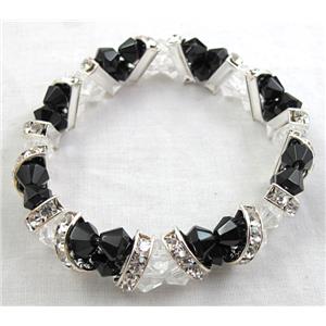 Chinese Crystal Glass Bracelet, rhinestone, stretchy, black, clear, 60mm dia, bead:6mm