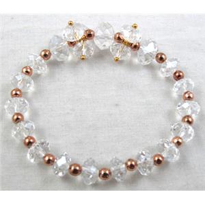 Chinese Crystal Glass Bracelet, stretchy, clear, 60mm dia, bead:10mm, 8mm