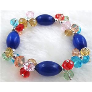 stretchy Bracelet with Chinese crystal beads, cat eye beads, 60mm dia, cat inchs eye bead: 11x18mm, glass bead:8mm