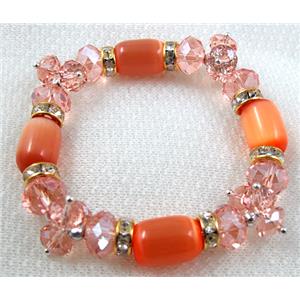 stretchy Bracelet with Chinese crystal beads, rhinestone, cat eye beads, red, 60mm dia, cat inchs eye bead:10x14mm, glass:8mm,10mm