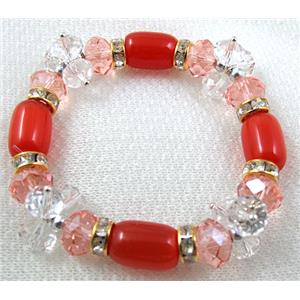 stretchy Bracelet with Chinese crystal beads, rhinestone, cat eye beads, red, 60mm dia, cat inchs eye bead:10x14mm, glass:8mm,10mm