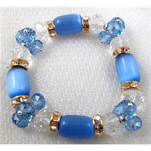 stretchy Bracelet with Chinese crystal beads, rhinestone, cat eye beads, blue, 60mm dia, cat inchs eye bead: 11.5x18mm, glass bead:8m