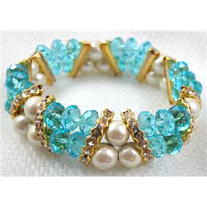 Chinese Crystal Beads Bracelet, stretchy, rhinestone, magnetic hematite, aqua, 60mm dia,glass:8mm,Hematite bead:8mm