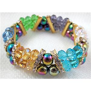 Chinese Crystal Beads Bracelet, stretchy, rhinestone, magnetic hematite, mixed color, 60mm dia,glass:8mm,Hematite bead:8mm