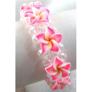 Fimo clay bracelet with crystal glass, stretchy, pink, 20mm wide, approx 6.7 inch(17cm) length