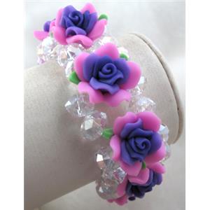fimo clay bracelet with crystal glass, stretchy, colorful, 28mm wide, flower:20mm, approx 7 inch length