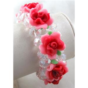 fimo clay bracelet with crystal glass, stretchy, pink, red, 28mm wide, flower:20mm, approx 7 inch length