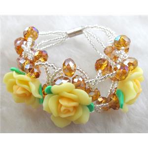 fimo clay bracelet with crystal glass, yellow, flower:20mm, approx 7 inch length
