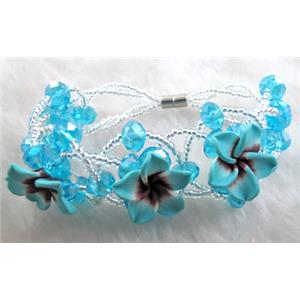 fimo clay bracelet with crystal glass, blue, flower:16mm, approx 7 inch length