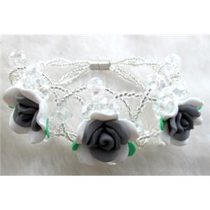 fimo clay bracelet with crystal glass, grey, white, flower:20mm, approx 7 inch length