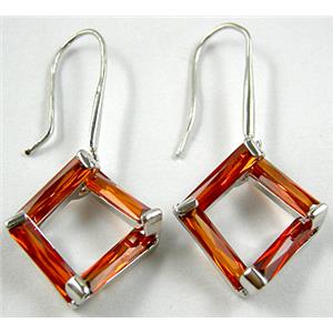 Dark Orange CZ Diamond Pane Earrings, Nickel Free, 15x15mm, 43mm length