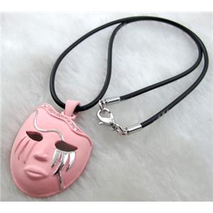 lacquered mask Necklace, alloy, rubber cord, 30x42mm, 16 inch length