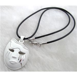 lacquered mask Necklace, alloy, rubber cord, white, 30x42mm, 16 inch length