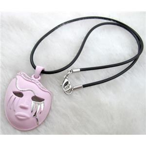 lacquered mask Necklace, alloy, rubber cord, pink, 30x42mm, 16 inch length