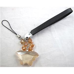 cellphone strap, String hanger PU leather, Crystal Butterfly Pendant, 14cm(5.5 inch ) length, glass bead:8mm