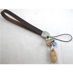 Mobile phone rope, String hanger PU leather, Jade Pendant, Peanut, 14cm(5.5 inch ) length