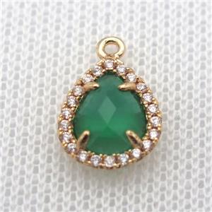 copper teardrop pendant pave zircon with green crystal glass, gold plated, approx 10-12mm