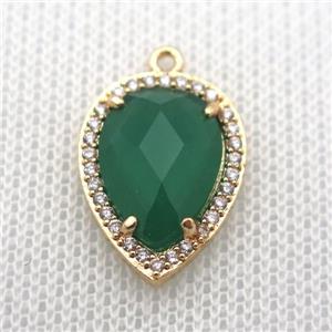 copper teardrop pendant pave zircon with green crystal glass, gold plated, approx 13-18mm