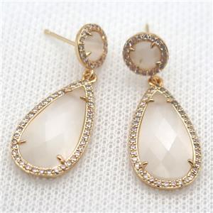 copper teardrop stud Earrings pave zircon with white crystal glass, gold plated, approx 14-25mm, 10mm