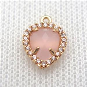 copper teardrop pendant pave zircon with pink crystal glass, gold plated, approx 11-14mm