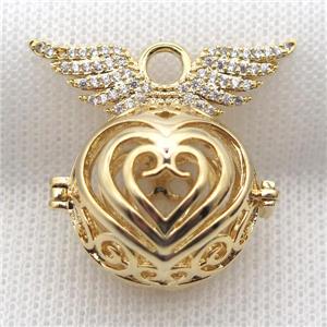 copper locket pendant pave zircon with angel wing, gold plated, approx 24-30mm