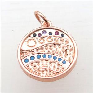 copper circle pendant pave zircon, rose gold, approx 15mm dia