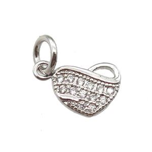 copper heart pendant paved zircon, platinum plated, approx 7-8mm