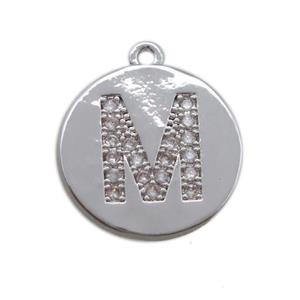 copper letter-M pendant paved zircon, platinum plated, approx 14mm dia