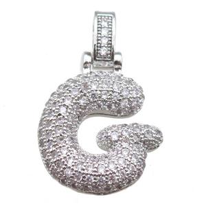 copper letter-G pendant paved zircon, platinum plated, approx 14-20mm