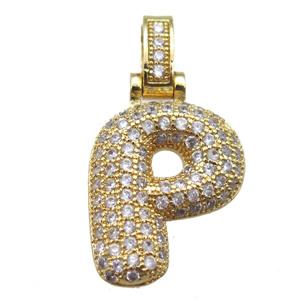 copper letter-P pendant paved zircon, gold plated, approx 14-20mm