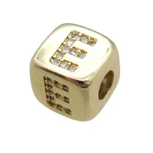 copper letter-E beads paved zircon, cube, gold plated, approx 8.5mm, 4mm hole