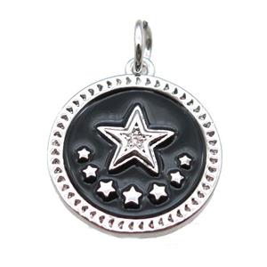 copper circle star pendant, black enameling, platinum plated, approx 16mm dia